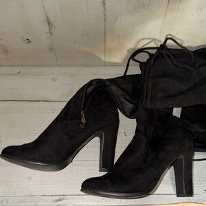 Black Women's High Heel Lace-Up Thigh High Boots